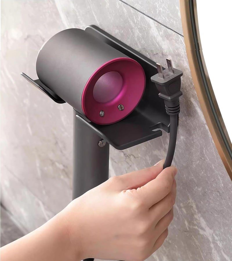 SUPTEC Universal Hair Dryer Holder, Blow Dryer Hanger Wall Mount for Hair Dryer Hook with Plug&Cord Organizer Self Adhesive for Cabinet Bathroom(1 Pack Black) - Image 1